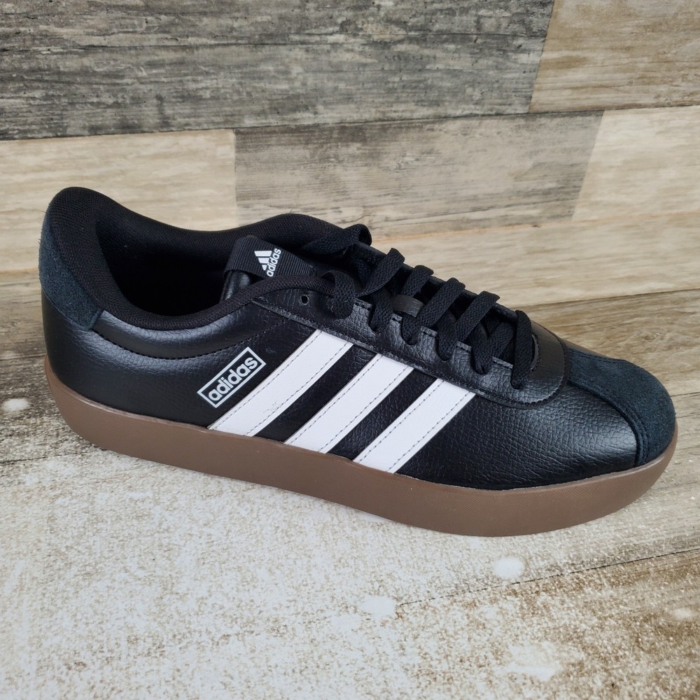 Adidas VL Court 3.0 Womens Shoes Sz 10 Black White Gum Leather Lace Up Sneakers